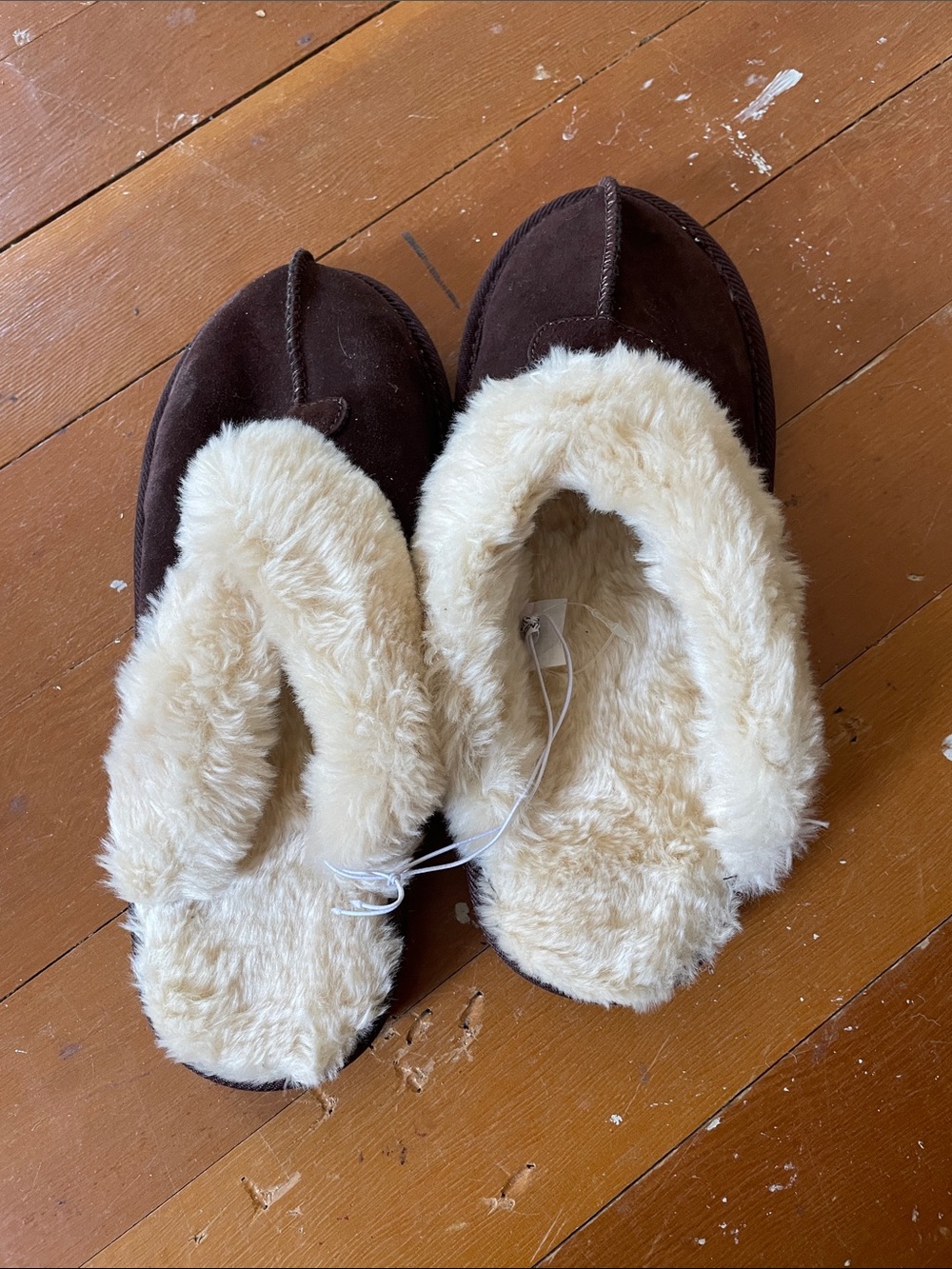 Brown Faux-Suede Slippers with Cream Faux-Fur Lining